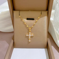 Women 18K Gold Stainless Steel Small CZ Cross Pendant Necklace Gift Box S13