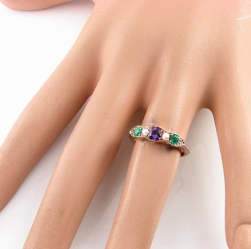 SUFFRAGETTE 9K ROSE GOLD AMETHYST EMERALD PEARL ETERNITY BAND ART DECO INS RING - Picture 5 of 5