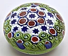 Vintage Millefiori Glass Paperweight Blue White Flowers Red Centers Murano Style