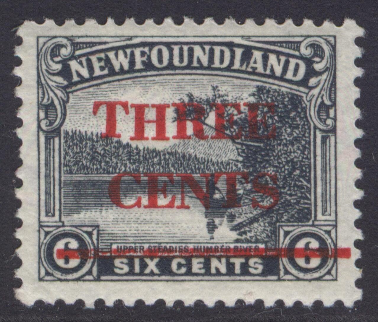 NEWFOUNDLAND 160 1929 THREE CENTS ON 6c GREY BLACK PROVISIONAL ISSUE VF MPH 
