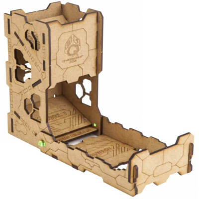 Q Workshop Clear Green Plastic Logo High Density Fiberboard Tech Dice Tower