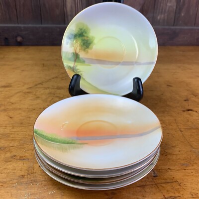 Vintage Hand Painted Nippon Delicate Saucers Water Landscapes Gold Rim Set of 5
