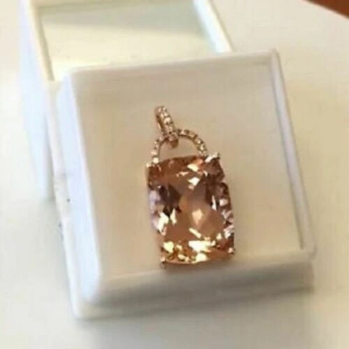 3Ct Cushion Cut Morganite Solitaire Pendant 14K Rose Gold Finish Free Chain - Image 2 of 4