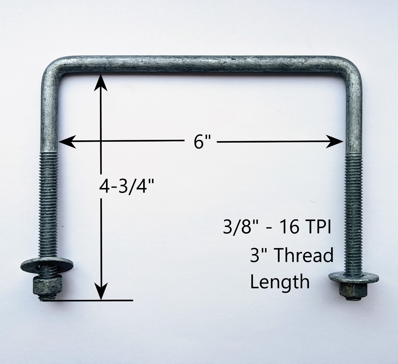 Square UBolt, 6" x 5" 3/8" 16 TPI Galvanized w/nuts and washers ubolt