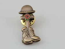 Veterans Never Forget Soldier Helmet Boots Cross Red Poppy Antique Bronze Pin