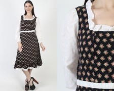 Vtg Black Floral Prairie Dress White Embroidered Eyelet Cottage Rose Boho Midi