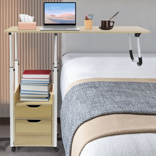 Bedside Table Rollers Height Adjustable Suitable Home Light Wood White - Picture 2 of 16