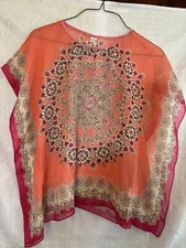 Knitworks Woman’s Sheer Top Medium Cape Sleeves Salmon Floral Design