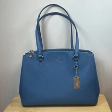 COACH Stanton Carryall 36878 Blue Crossgrain Leather Satchel Purse Charm