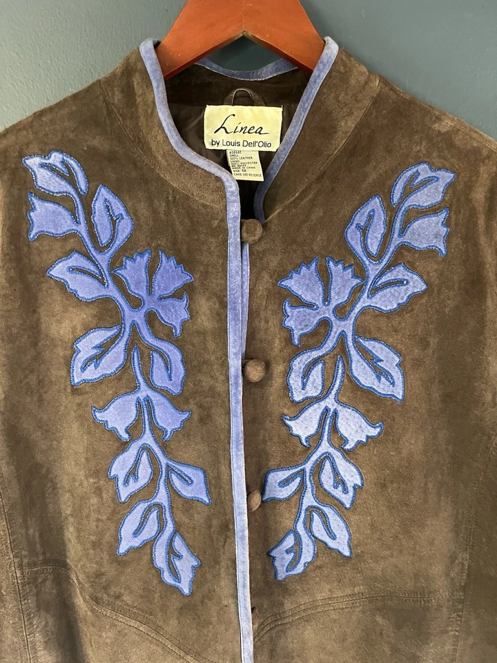 Linea Louis Dell’Olio Brown Leather Suede Jacket Blue Floral Applique Size 1X - Image 3 of 4