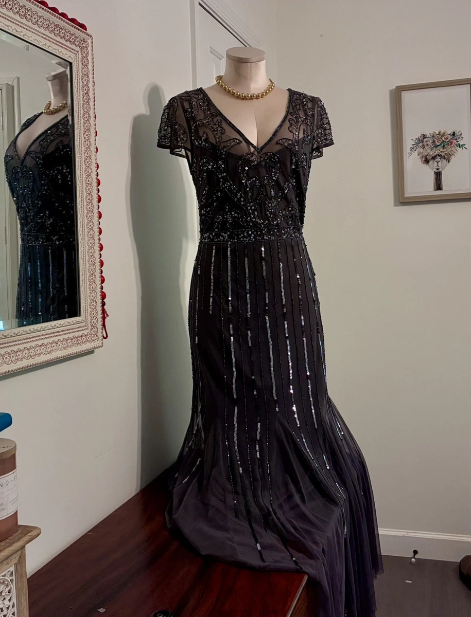 Vestido Formal Adrianna Papell Studio Talla US 10 Cuentas Lentejuelas En Púrpura Oscuro