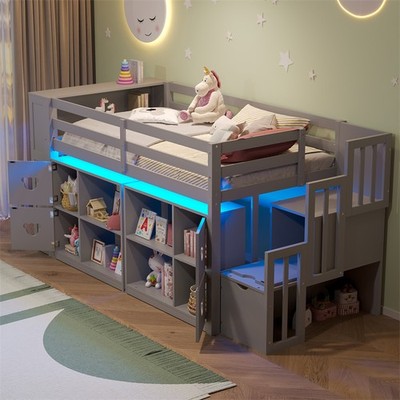 Twin Size Kids Low Loft Bed with Open Shelves,Storage Cabinets,Stair & LED Light