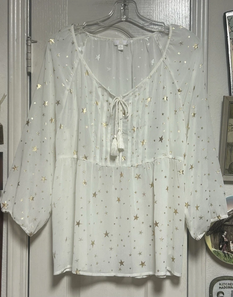 Blusa C&C California Etérea Celestial Marfil con Estrellas Doradas Semi Transparente XL Foto 3 de 4