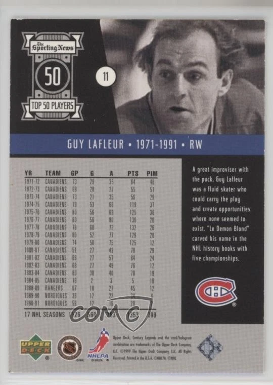 1999-00 Upper Deck Century Legends Century Collection /100 Guy Lafleur #11 HOF - Image 2 of 2