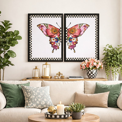 MacKenzie-Childs Diptych Giclée Set of Two Flower Market Butterfly Wall Art New