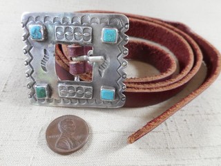 Fabulous FRED HARVEY era small Navajo silver & turquoise belt buckle