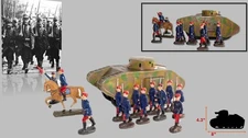 1930's German Karl Bub Mark IV Tank w/ Elastolin 7cm French Marching Soldiers