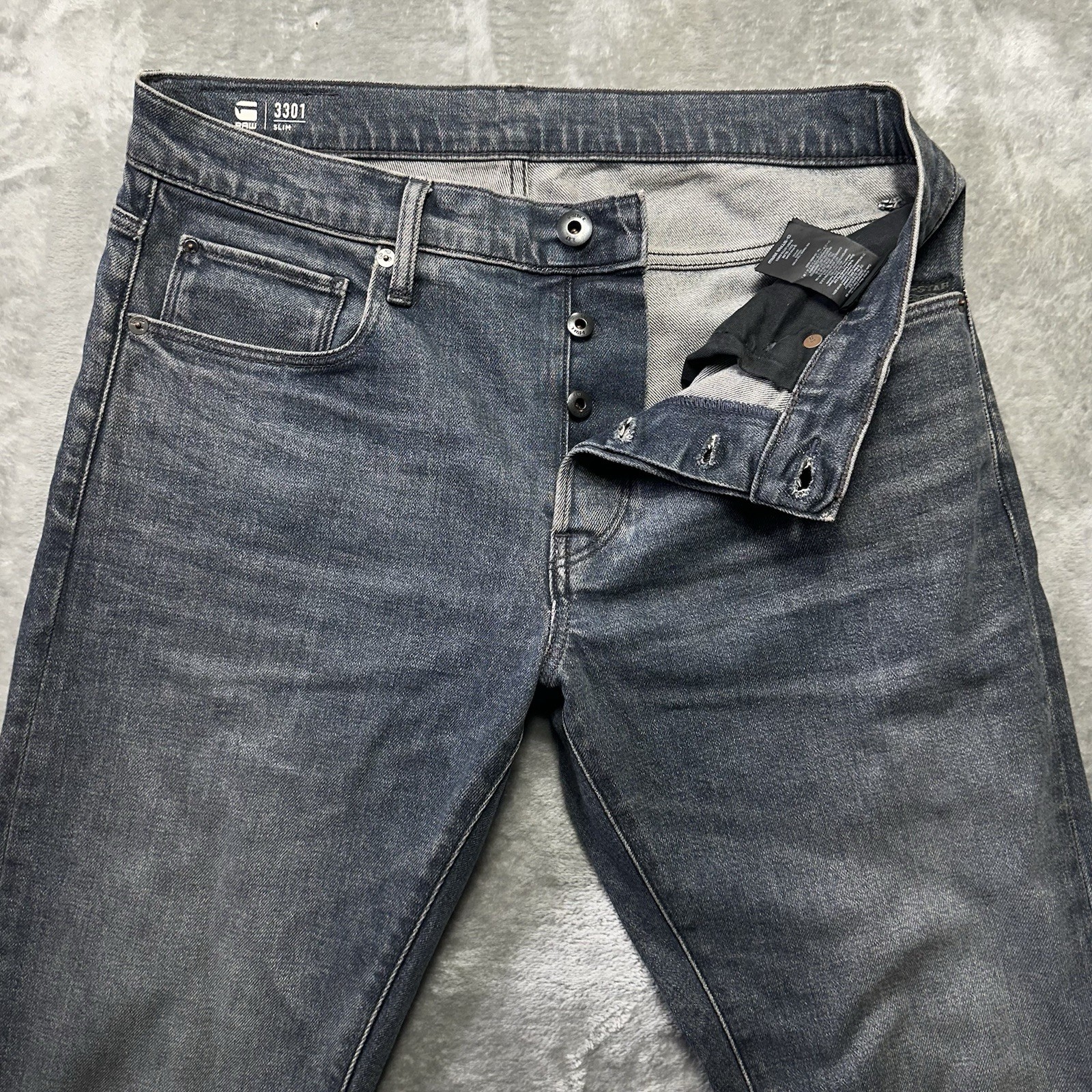 Mens G-Star 3301 Slim Button Fly Stretch Tapered Grey Jeans 34x34