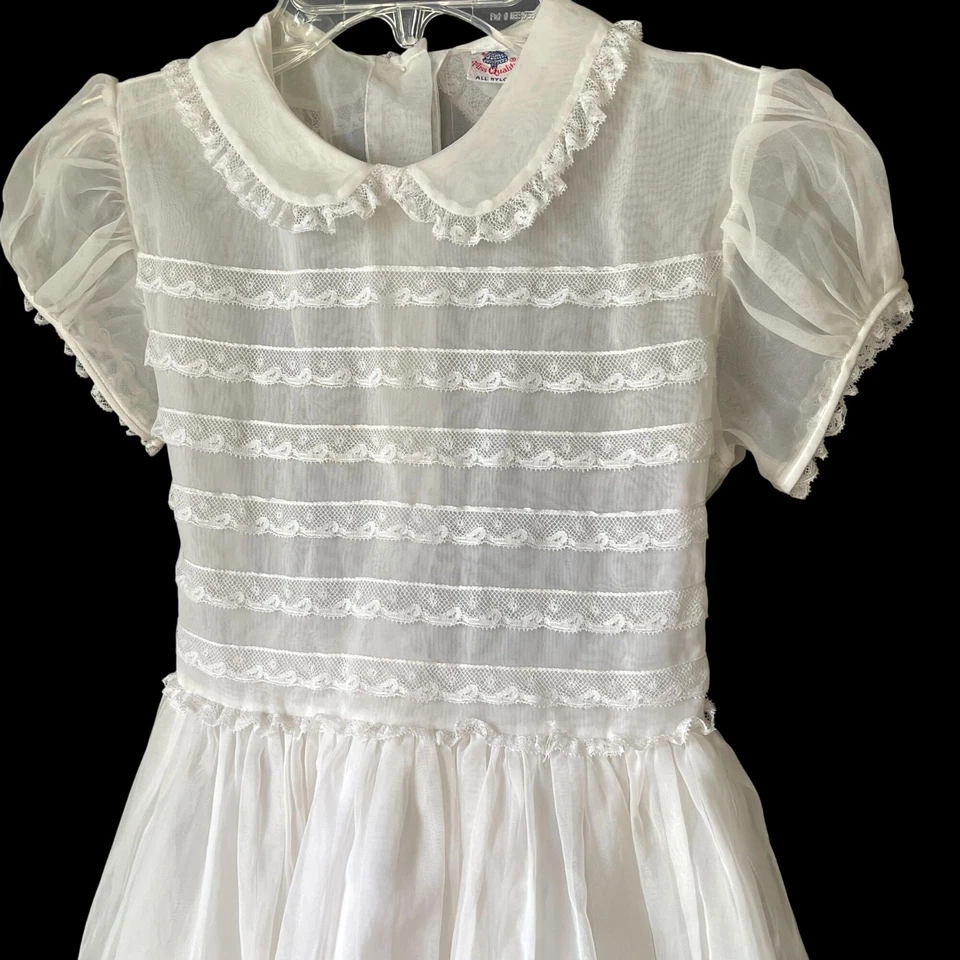 Vtg Miss Quality Girls White Dress Sheer Nylon Lace Peter Pan Puff Sleeves Small - Image 3 of 4