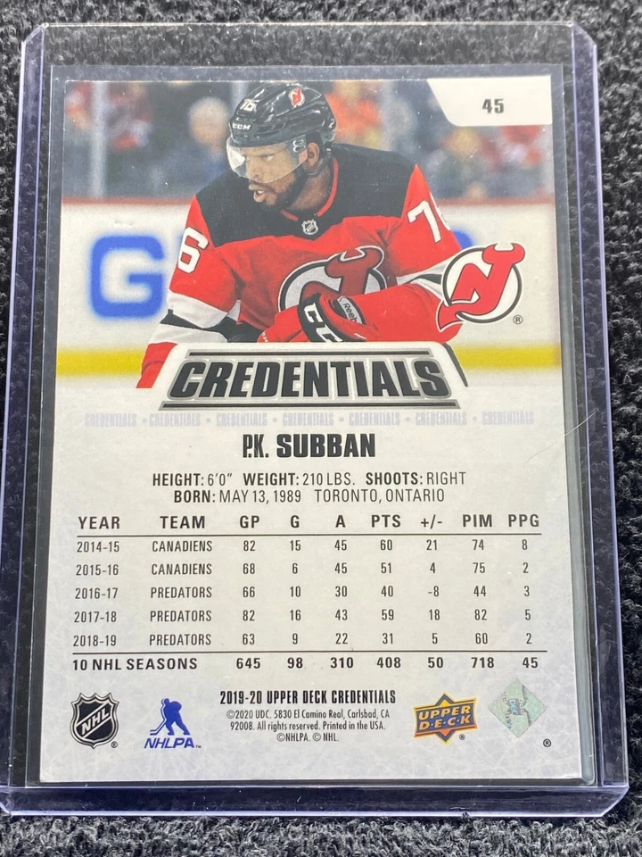 2019-20 UD Credentials - Gold Parallel - #45 P.K. Subban ***165/199*** - Image 2 of 2
