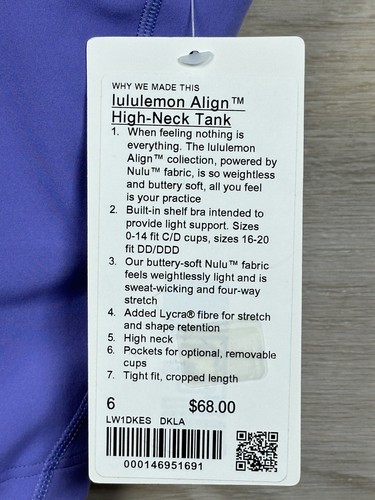 Lululemon Align High Neck Tank Cropped Nulu Size 6 C/D Cup Dark Lavender 51691. - Picture 4 of 5