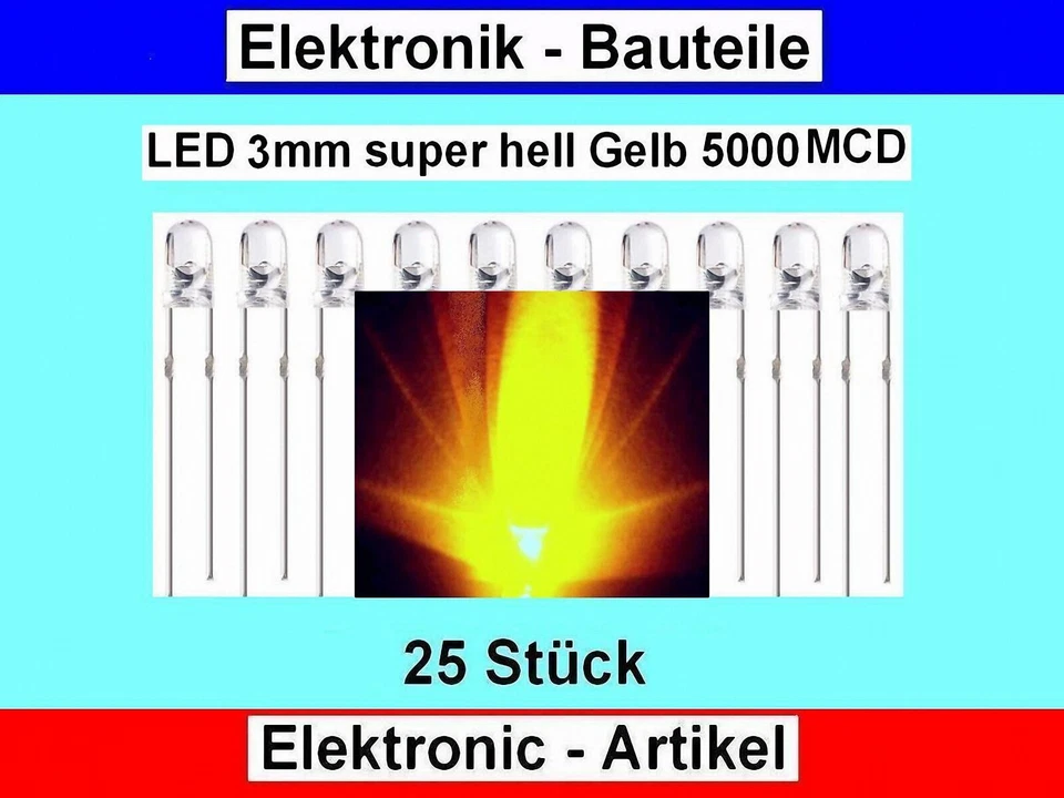 LED - 3mm Gelb 5000mcd Kit Ultra helle LED / 25 Stück Neu - Bild 2 von 4