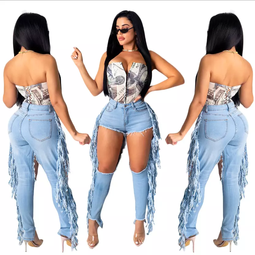 Womens Casual Summer Hot Cut Out Ripped Light Blue Long Tassel Denim Jeans  Pants