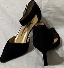 CHANEL CC Logo Suede Ankle Strap Point Toe Pumps Heels Shoes Italy Black 36.5 px