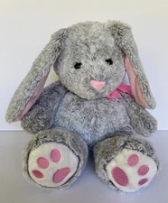 HugFun Frosted Gray & Pink Bunny Rabbit Plush 14" Stuffed Animal Pink Ribbon Bow