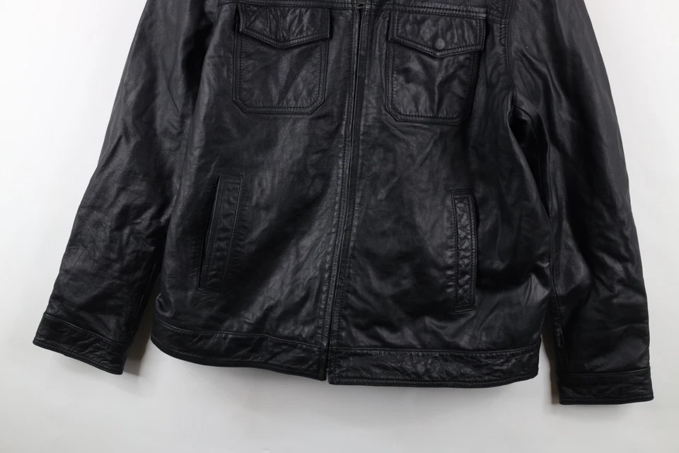 Vintage Dockers Mens XL Distressed Leather Quilted Full Zip Bomber Jacket Black - Image 3 of 4