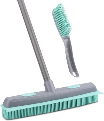 Rubber Broom Carpet Rake for Pet Hair, Fur Remover with Squeegee