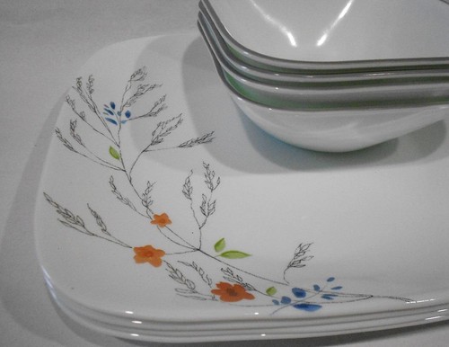 ❤️ 17-pc CORELLE Boutique ADLYN DINNERWARE SET Coral Blue Grey Watercolor Floral - Picture 4 of 9