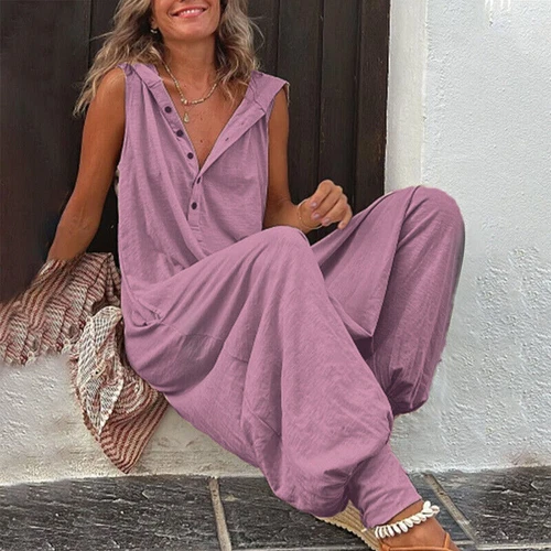 Summer Sleeveless Hooded Romper Button Solid Playsuit Loose Women Jumpsuit Pants - Picture 15 of 21