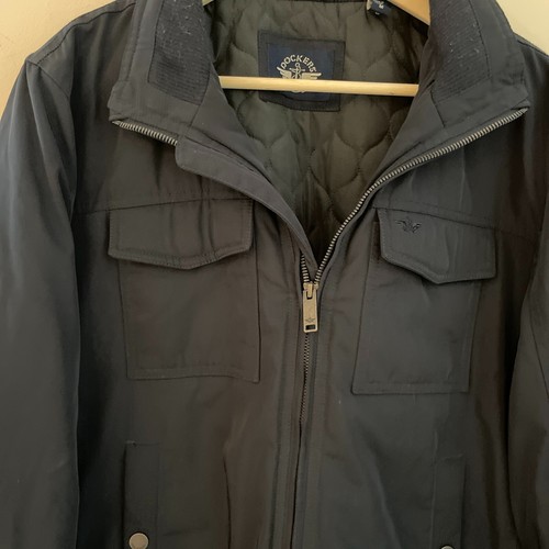 Dockers Bomber Aviator Jacket Mens Medium Navy Quilted Lining Roll Away Hood - Picture 2 of 17