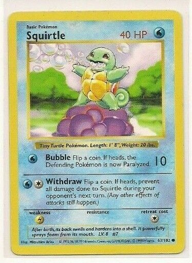 Pokemon Squirtle 63/102 Shadowless - Base Set - WOTC TCG LP