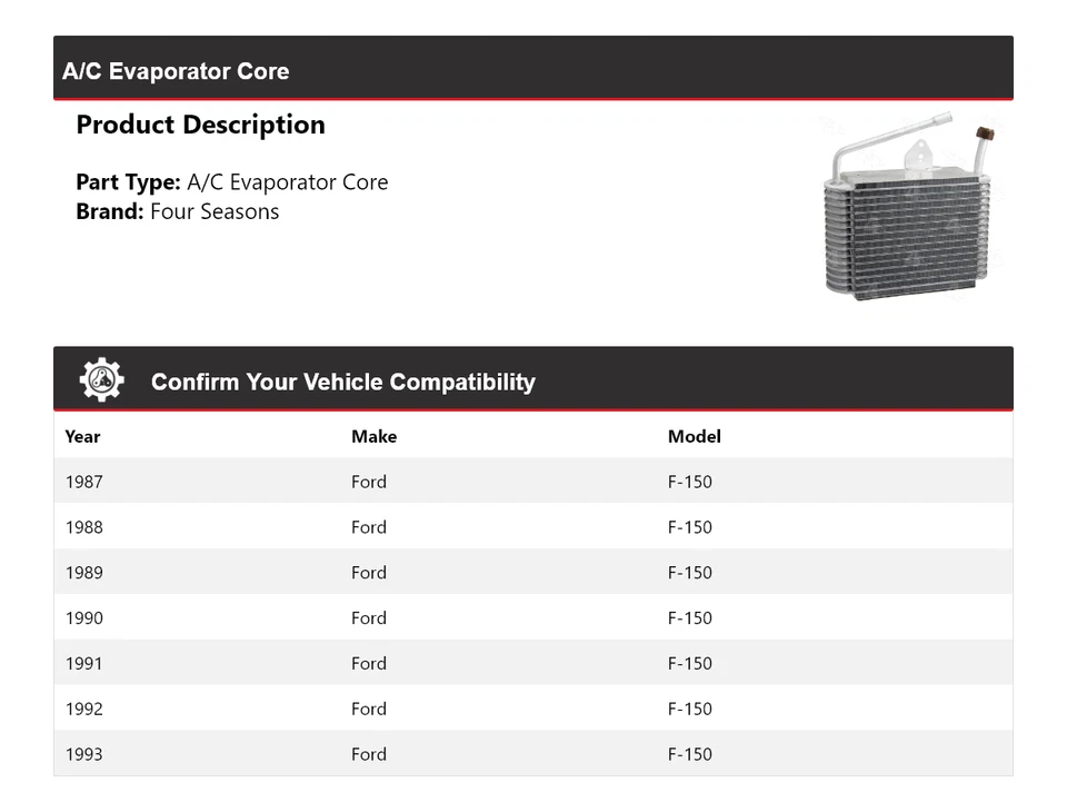 Núcleo evaporador aire acondicionado Ford F-150 1987-1993 4 estaciones 1988 1989 1990 1991 1992 Foto 2 de 4