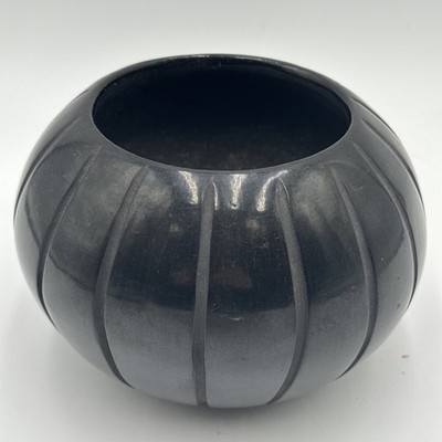 Native American Joy Cain Carved and Incised Black Pottery Santa Clara Bowl 