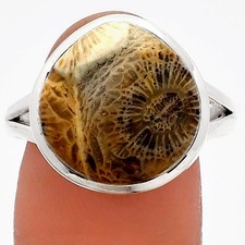 Natural Flower Fossil Coral 925 Sterling Silver Ring s.9.5 Jewelry R-1005