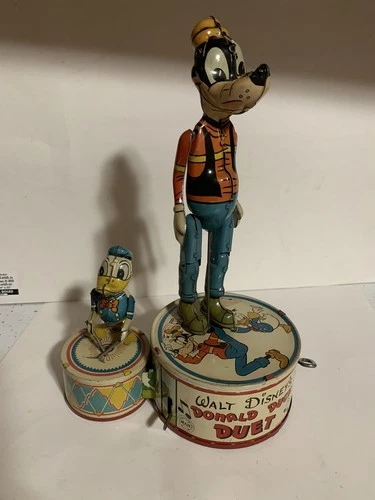 Vintage MARX Tin Windup Walt Disney Donald Duck Duet *Working* Goofy And Donald