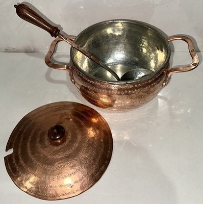 Vintage Gregorian Copper Casserole Dish Soup Tureen Hand Hammered Lid Ladle Set