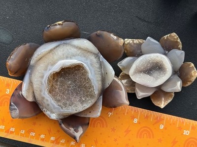 Gorgeous Set Of 2 Carved Lotus Flowers (Blue Chalcedony W/ Spectacular Druzy B78