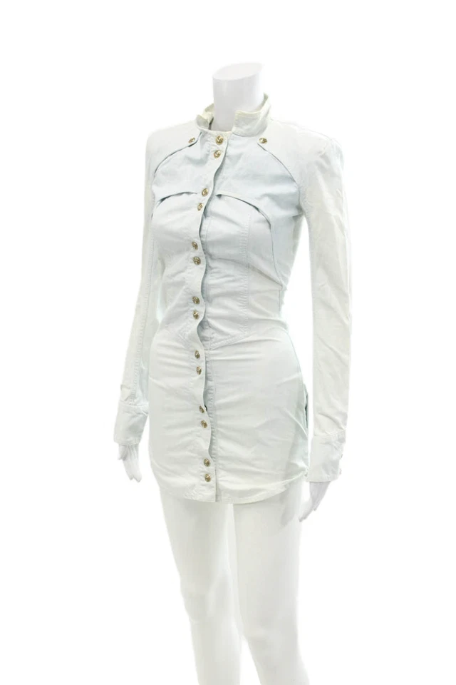 Balmain Womens Button Front Long Sleeve Mini Denim Shirt Dress Blue Size Small - Image 2 of 4