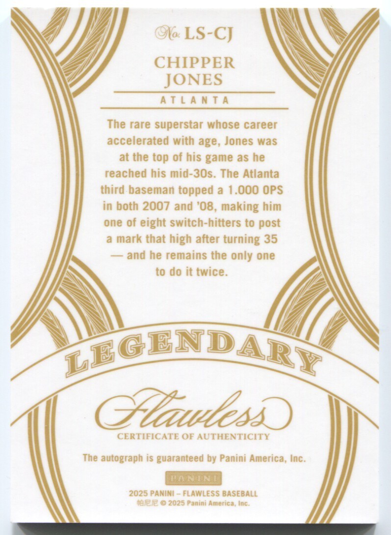 2025 Panini Flawless Chipper Jones Autograph Legendary Signature Gold Auto #/10 view 2