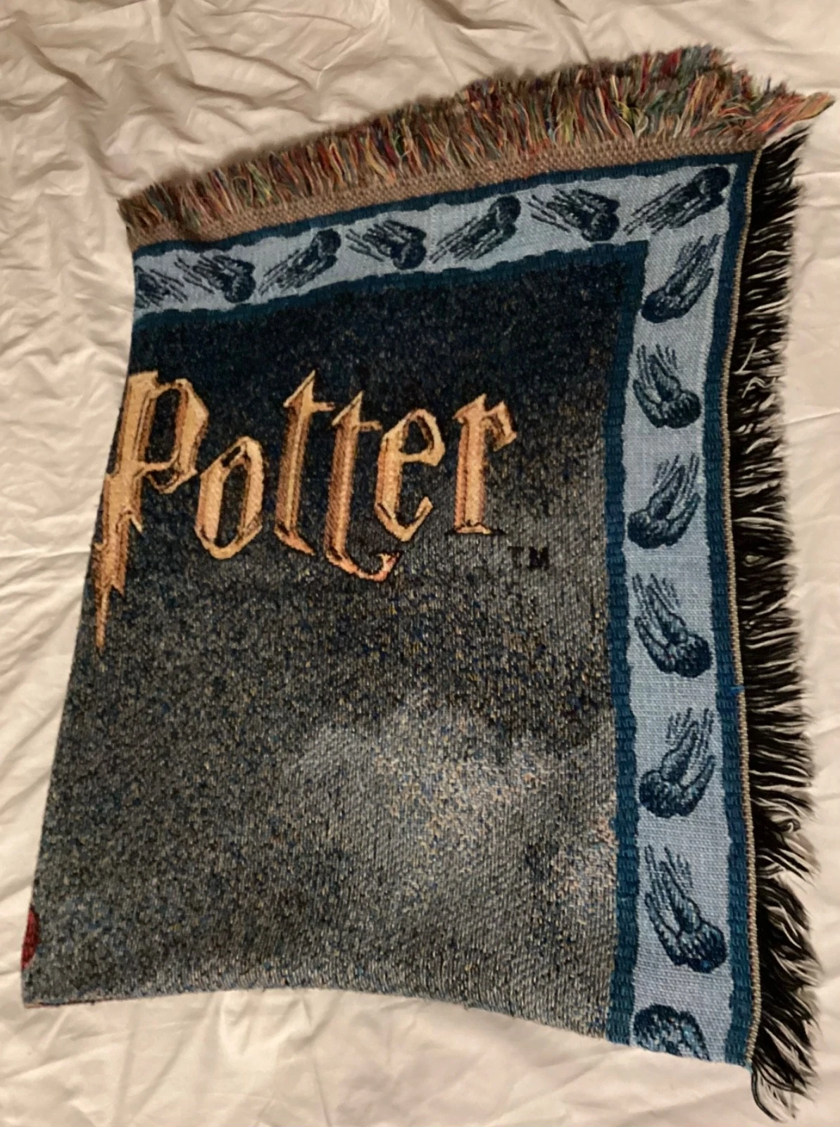 Vintage Harry Potter Throw Blanket Quidditch Hand Woven Fringed Warner Bros 2000