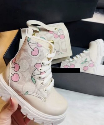 Coach Girls' Cherry Print Lace-Up Ankle Bootie White Pink Beige Green