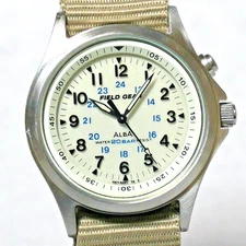 SEIKO ALBA FIELD GEAR Military Watch V671 1994 White Backlight Khaki Strap Japan