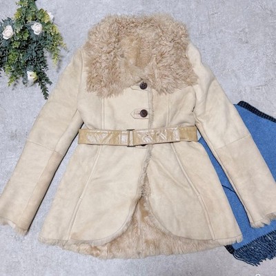 Max Mara Weekend Genuine Leather Shearling Belted Coat Beige Size 40 Japan Used