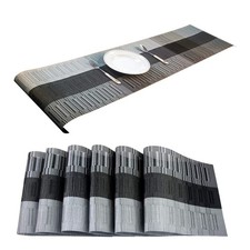 7 PCS Black Grey Woven Vinyl Washable PVC Dining Table Placemats Runner Set