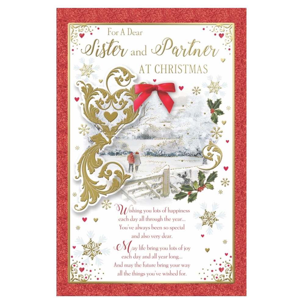 Sister and Partner Couple Walking in Winter Wonderland Design Christmas Card