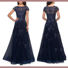 NEW 619 La Femme 8 Embroidered Mesh A-Line Ball Gown in Navy Blue S646